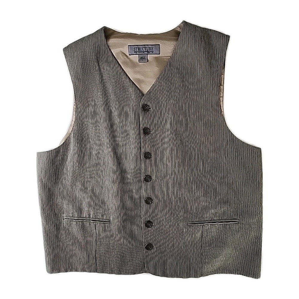 VTG Y2K STRUCTURE Men's Large Vest, Ticking Pinstripe, 7-Buttons, 2- Pockets EUC